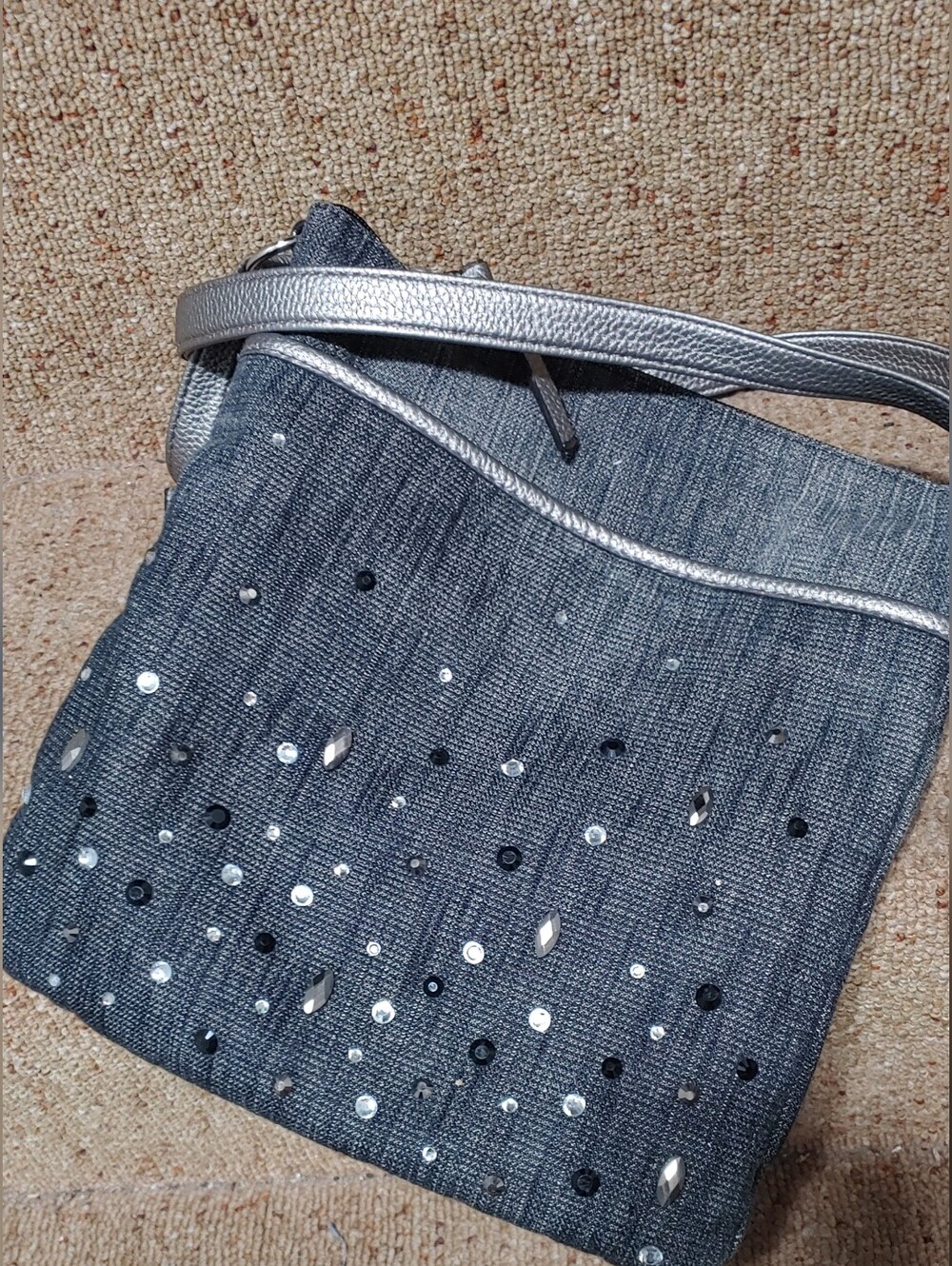 Silver-Trim Jean Crossbody Bag with Studded Accent